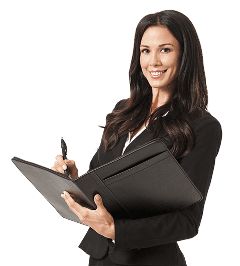Woman in a black business suit and white shirt holding a brown leather folder with a pen